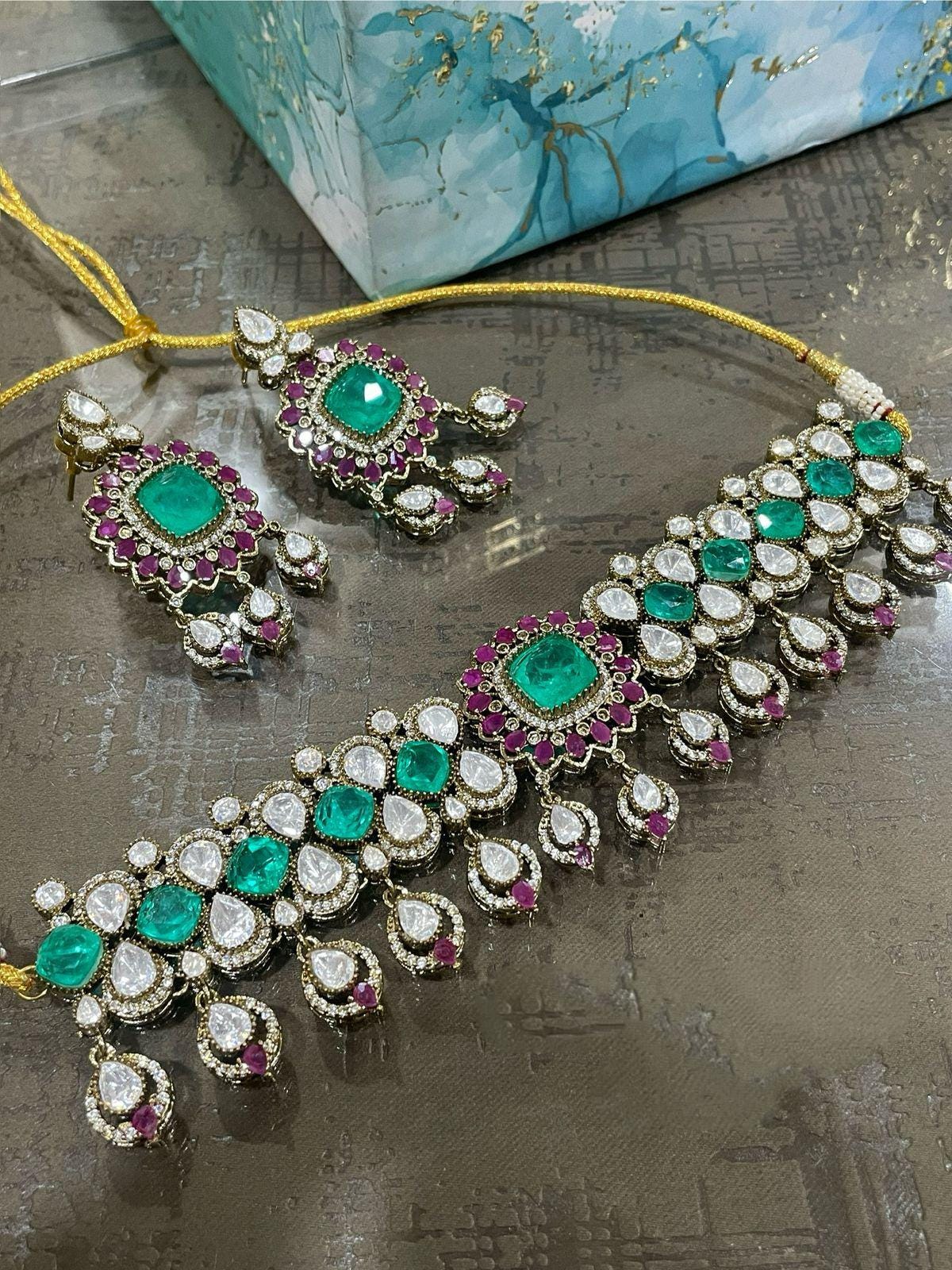 Moissanite Choker Set: Bridal American Diamond Necklace with Earrings
