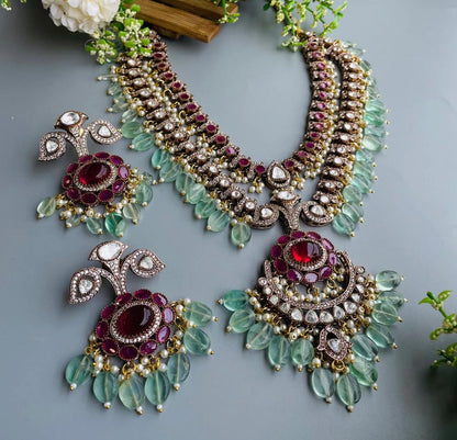 Indian Bridal Necklace Set | Kundan Style, Red & Green Beads (Set Includes Earrings)