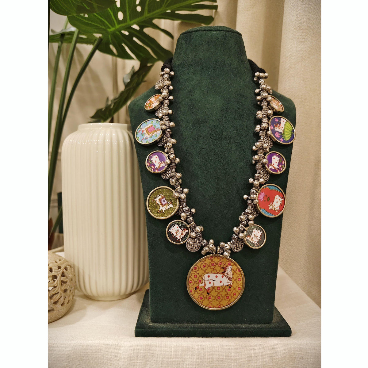 Handpainted Brass Statement Necklace: Ethnic Boho Festival Jewelry