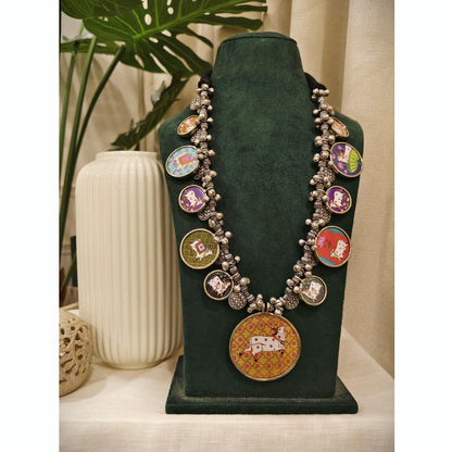 Handpainted Brass Statement Necklace: Ethnic Boho Festival Jewelry