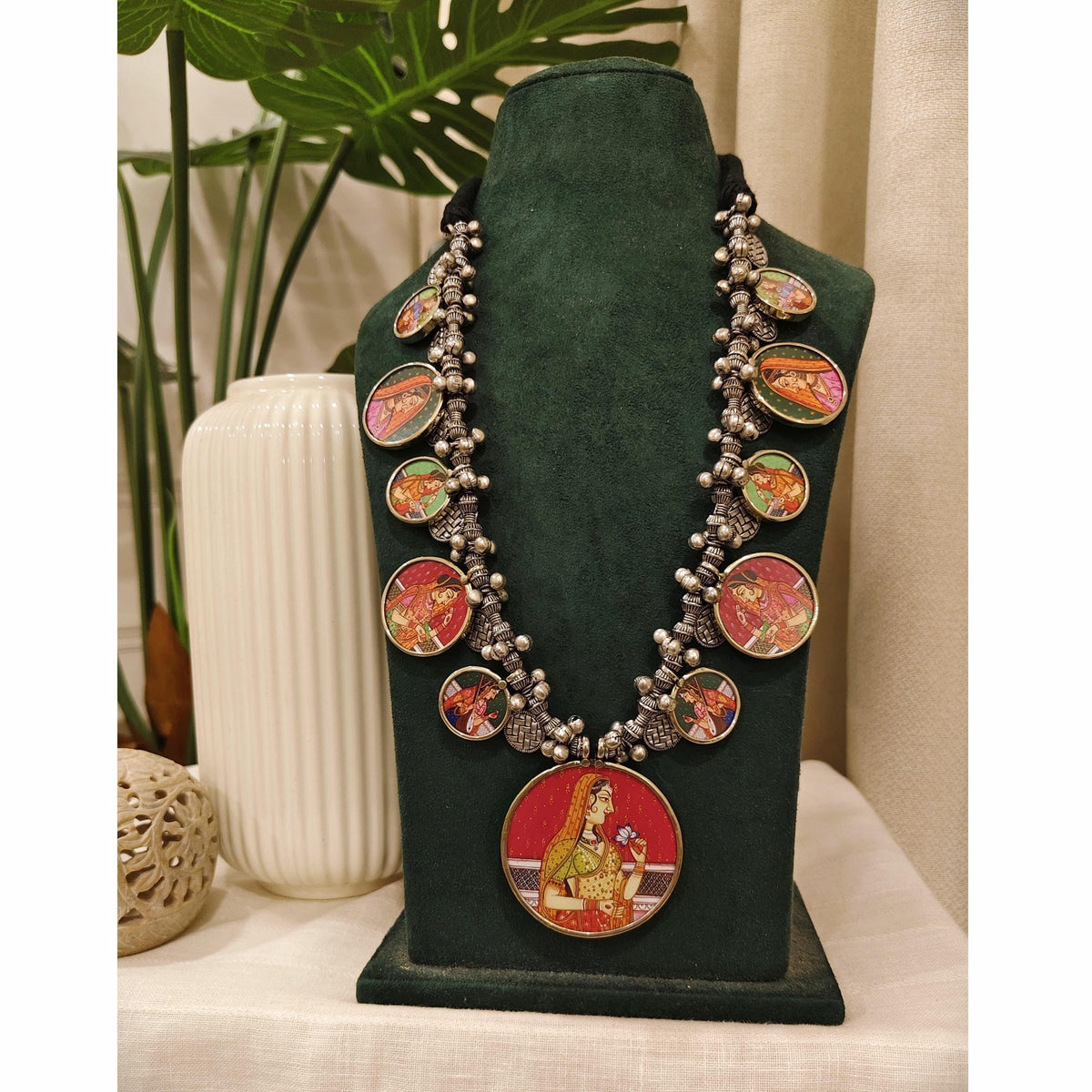 Handpainted Brass Statement Necklace: Ethnic Boho Festival Jewelry