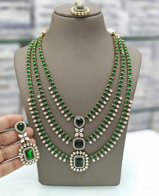 Indian Bridal Necklace Set with Earrings & Maang Tikka | Green Beaded Kundan Style Jewelry | Layered Wedding Necklace | Traditional Bridal