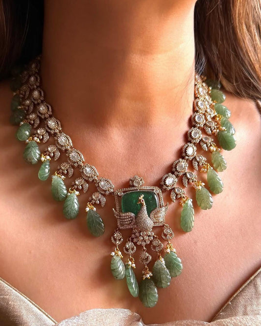 Emerald Peacock Necklace Set: Handcrafted Gemstone Jewelry with Earrings