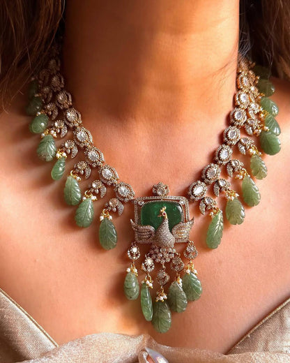 Emerald Peacock Necklace Set: Handcrafted Gemstone Jewelry with Earrings
