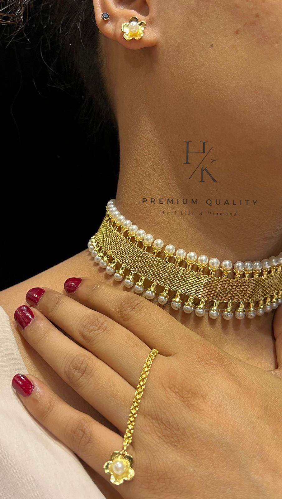 Pearl Choker Necklace Set with Hand Chain | Elegant Bridal Jewelry, Party Wear