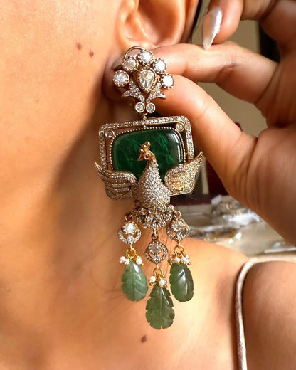 Emerald Peacock Necklace Set: Handcrafted Gemstone Jewelry with Earrings