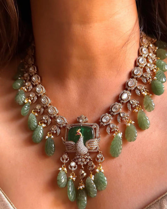 Emerald Peacock Necklace Set: Handcrafted Gemstone Jewelry with Earrings