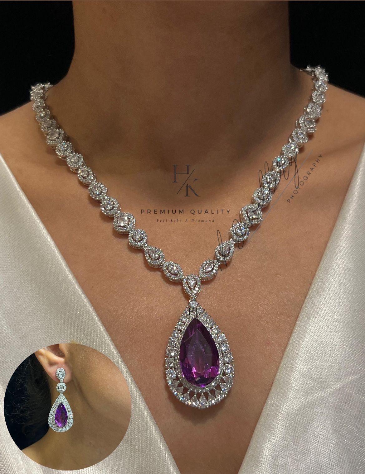 American Diamond Pendant and Earrings Set: Rhodium Plated Wedding Jewelry