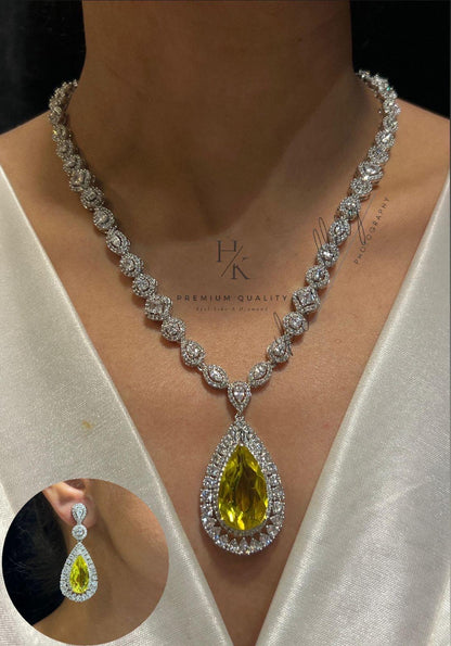 American Diamond Pendant and Earrings Set: Rhodium Plated Wedding Jewelry