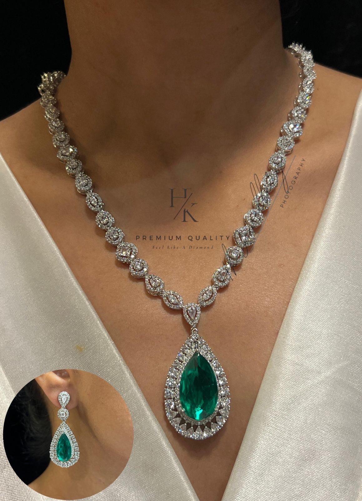 American Diamond Pendant and Earrings Set: Rhodium Plated Wedding Jewelry
