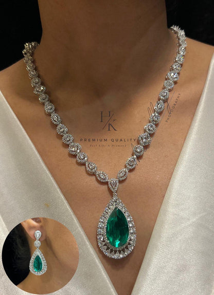American Diamond Pendant and Earrings Set: Rhodium Plated Wedding Jewelry