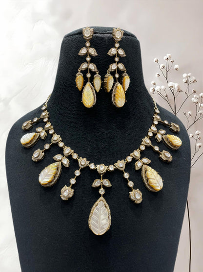 Moissanite Kundan Necklace Set: Strawberry Quartz, 22k Gold Plated