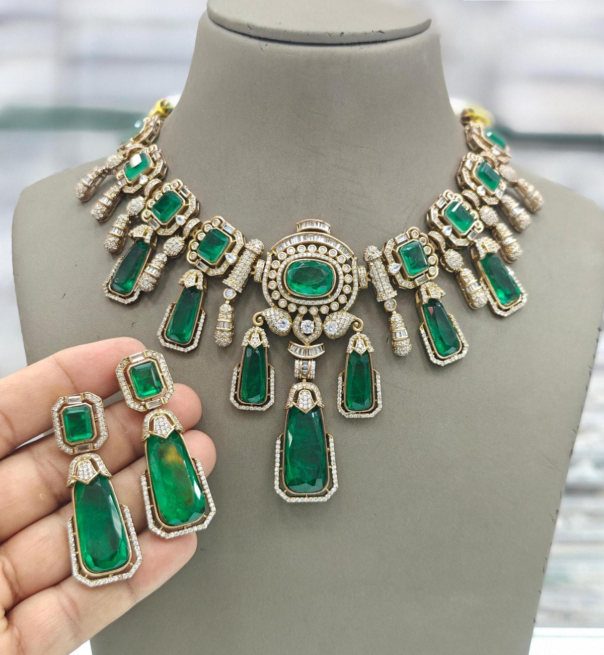 Victorian Kundan AD Stone Necklace Set: Antique Gold Bridal Jewelry