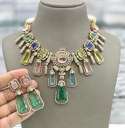 Victorian Kundan AD Stone Necklace Set: Antique Gold Bridal Jewelry