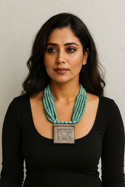 Chitai Pendant Necklace: Turquoise Beads Mala, Handcrafted Indian Jewelry