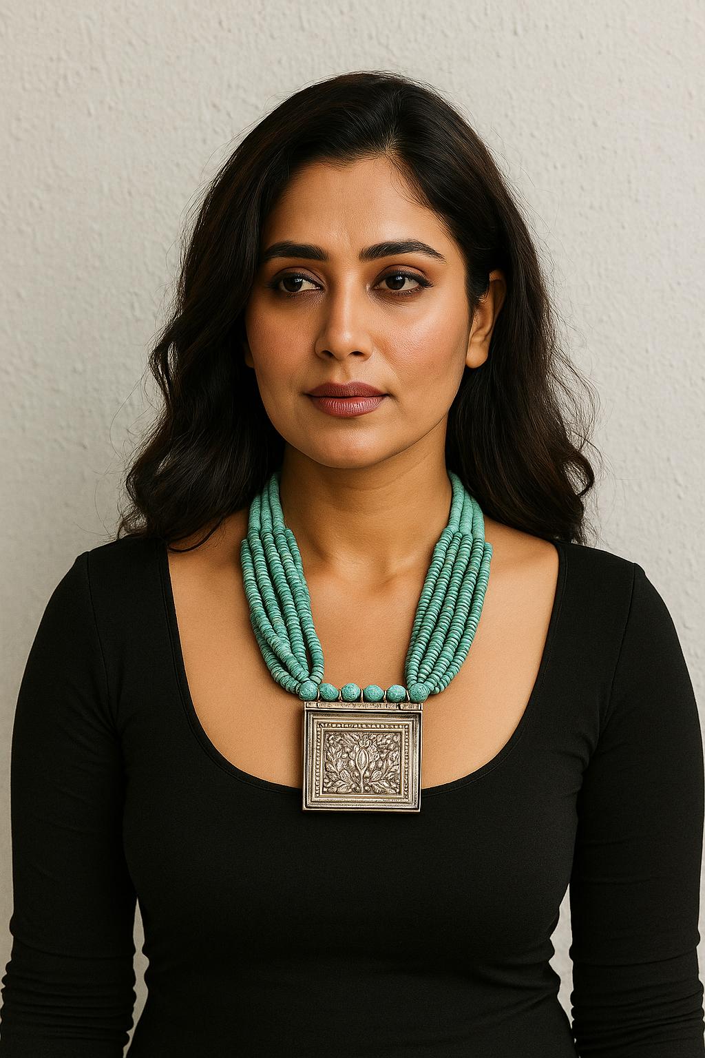 Chitai Pendant Necklace: Turquoise Beads Mala, Handcrafted Indian Jewelry