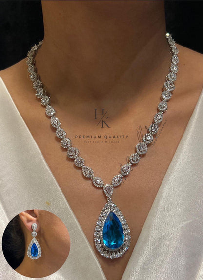 American Diamond Pendant and Earrings Set: Rhodium Plated Wedding Jewelry