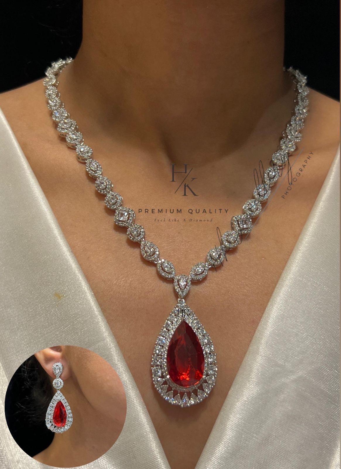 American Diamond Pendant and Earrings Set: Rhodium Plated Wedding Jewelry