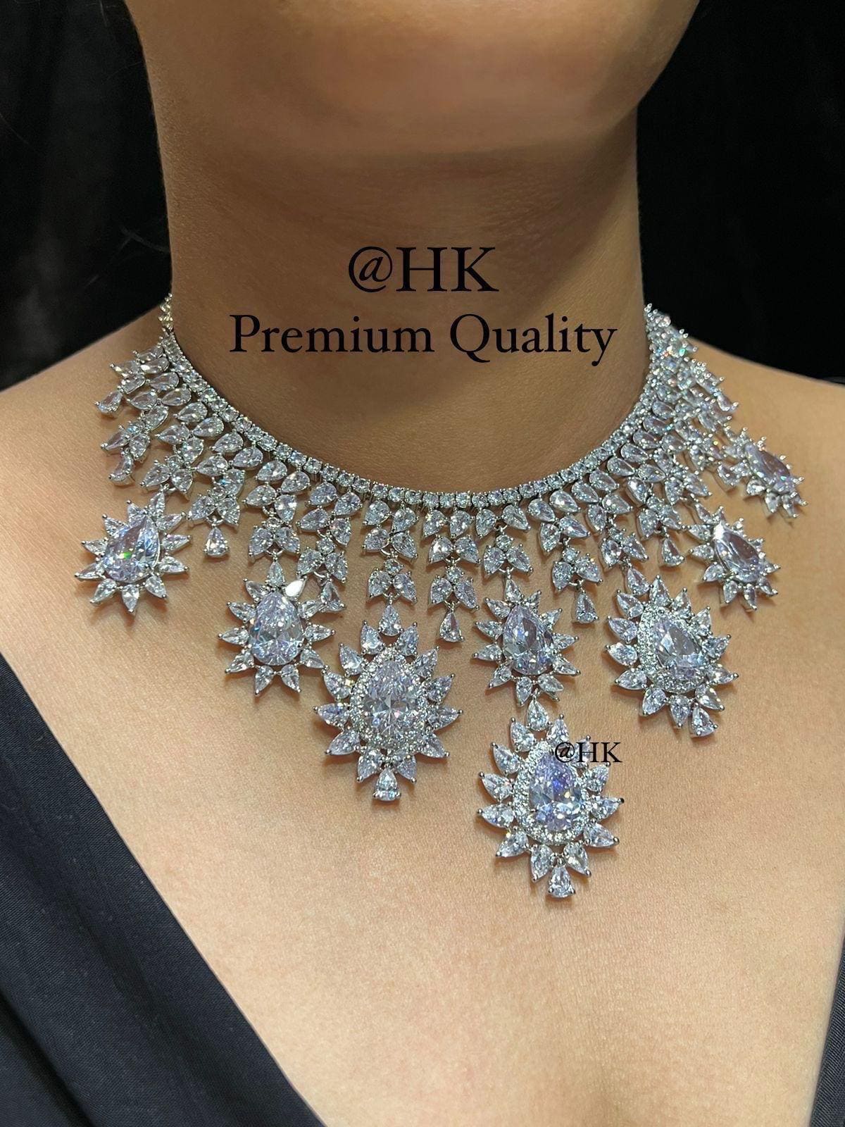 CZ Bridal Jewelry Set, American Diamond Necklace Earrings Ring Bracelet, Statement Wedding Jewelry