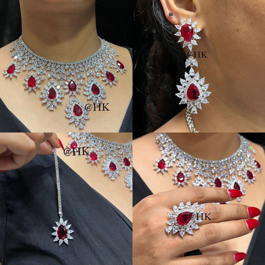 CZ Bridal Jewelry Set, American Diamond Necklace Earrings Ring Bracelet, Statement Wedding Jewelry