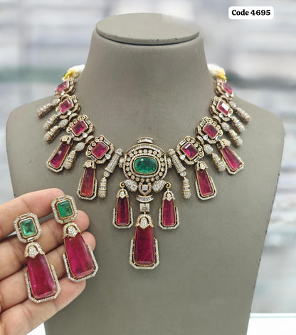 Victorian Kundan AD Stone Necklace Set: Antique Gold Bridal Jewelry