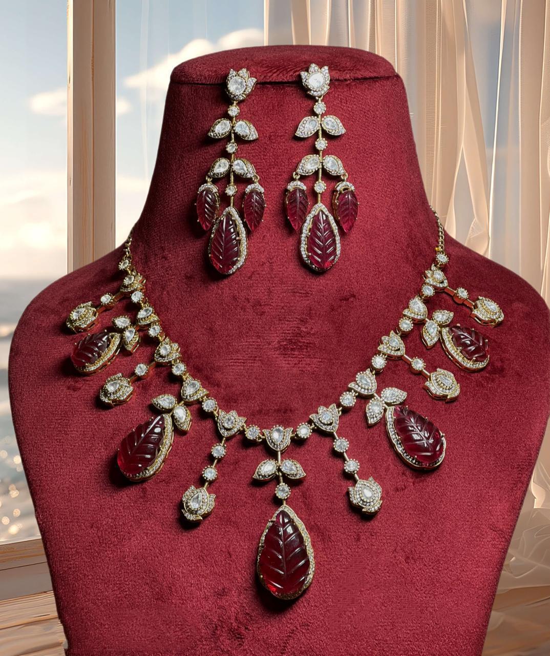 Moissanite Kundan Necklace Set: Strawberry Quartz, 22k Gold Plated