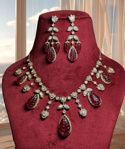 Moissanite Kundan Necklace Set: Strawberry Quartz, 22k Gold Plated