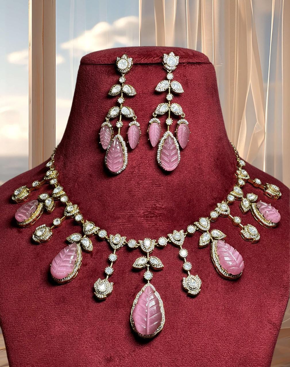 Moissanite Kundan Necklace Set: Strawberry Quartz, 22k Gold Plated