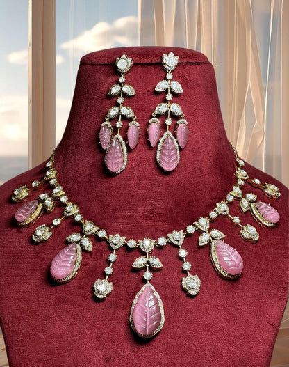 Moissanite Kundan Necklace Set: Strawberry Quartz, 22k Gold Plated