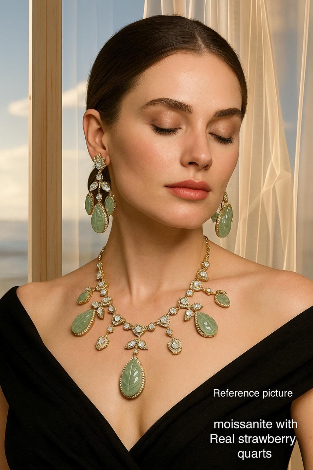 Moissanite Kundan Necklace Set: Strawberry Quartz, 22k Gold Plated