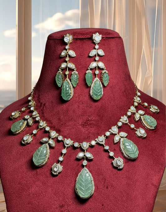 Moissanite Kundan Necklace Set: Strawberry Quartz, 22k Gold Plated