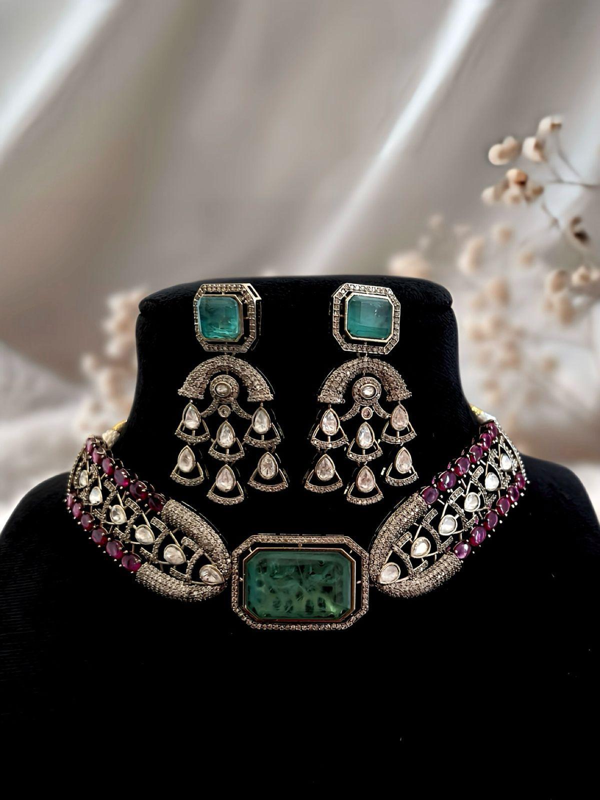 CZ Kundan Choker Jewelry Set: Indian Bridal Necklace & Earrings