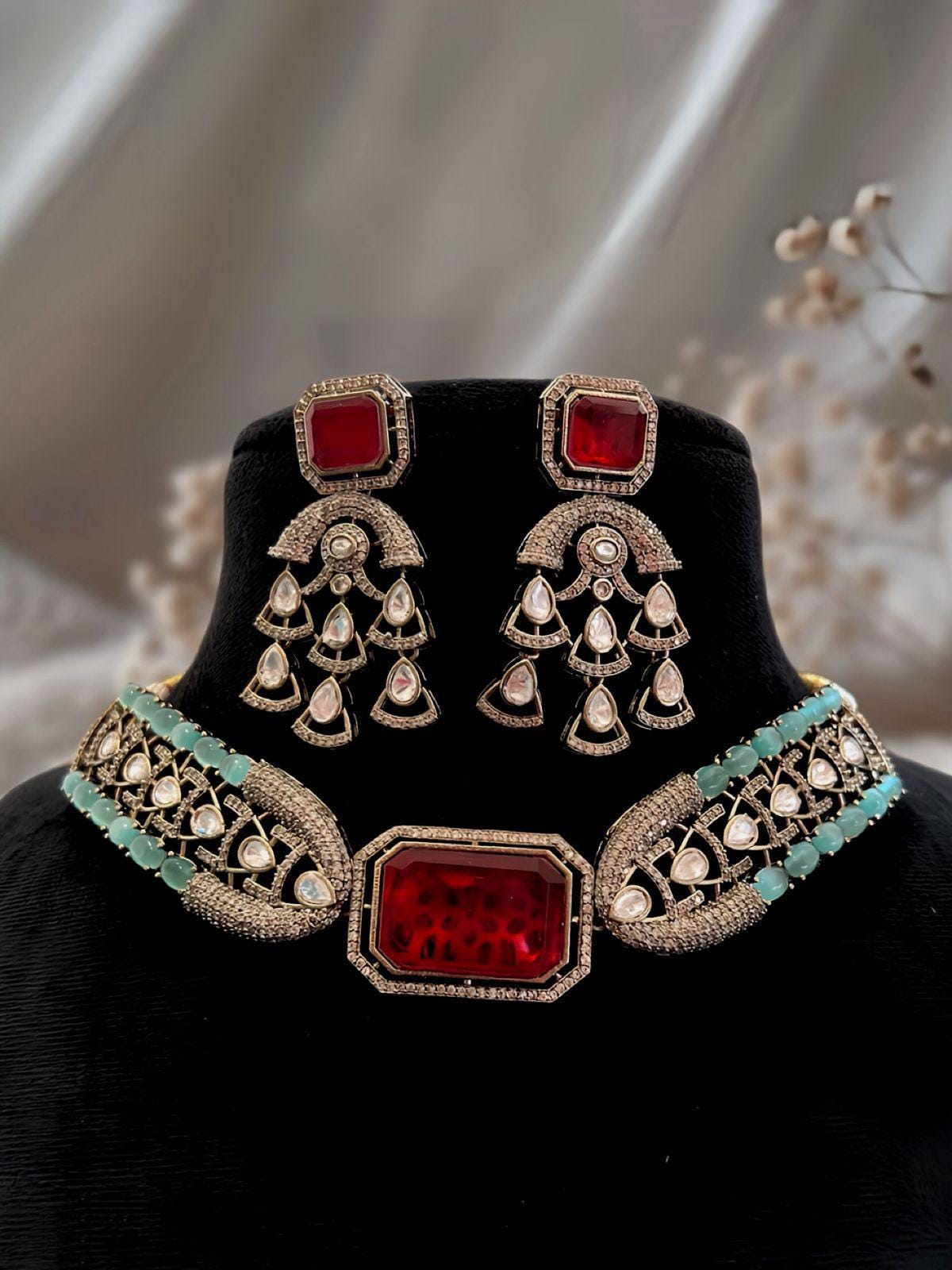 CZ Kundan Choker Jewelry Set: Indian Bridal Necklace & Earrings