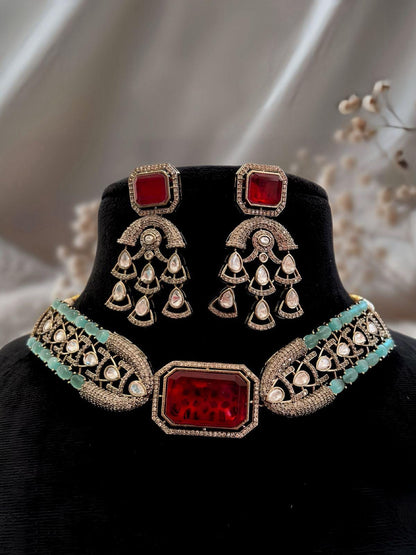 CZ Kundan Choker Jewelry Set: Indian Bridal Necklace & Earrings