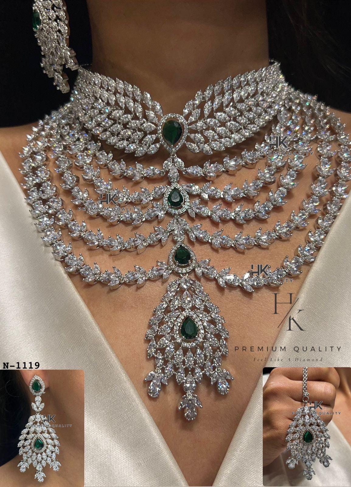 American Diamond Bridal Jewelry Set: Necklace, Earrings & Maangtikka