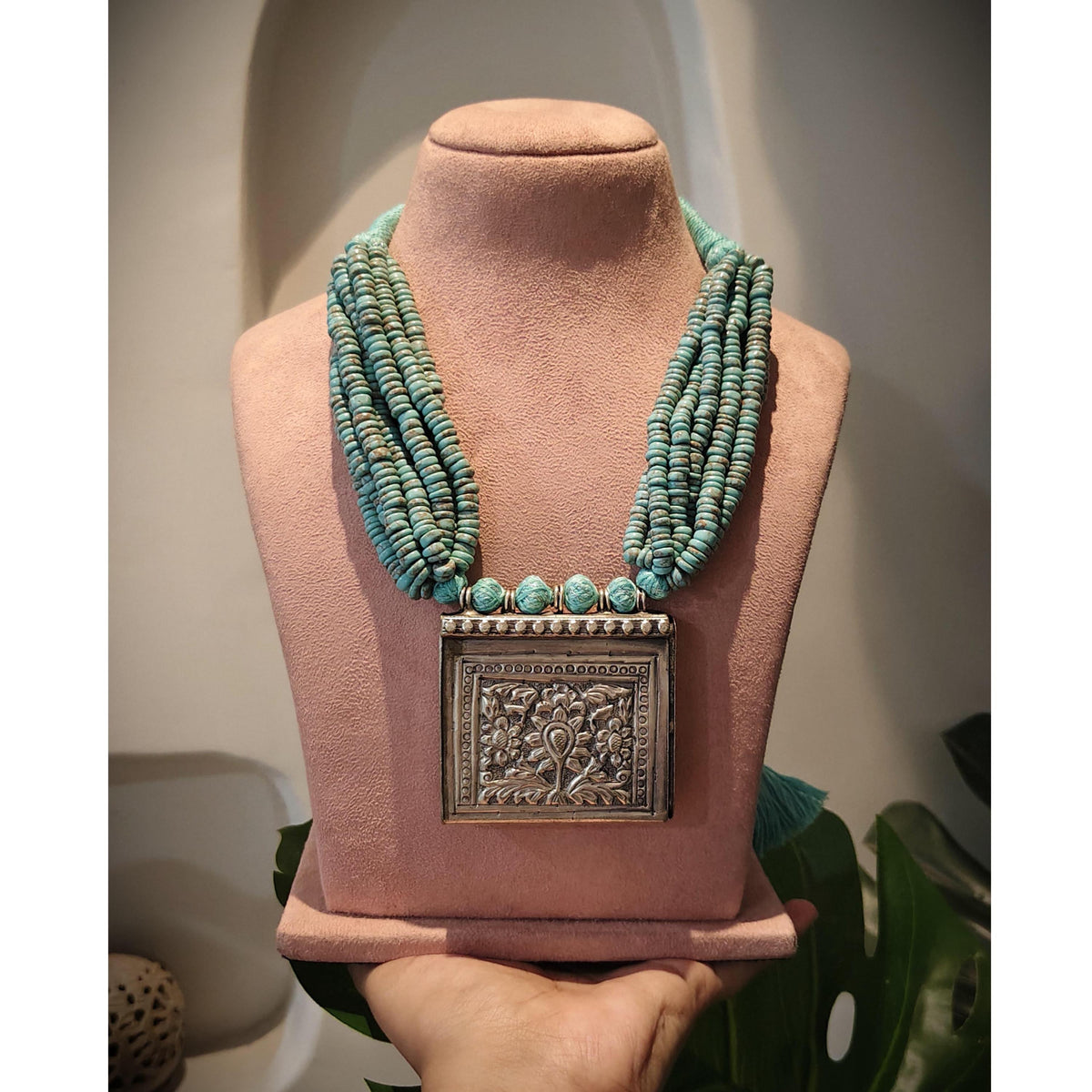 Chitai Pendant Necklace: Turquoise Beads Mala, Handcrafted Indian Jewelry