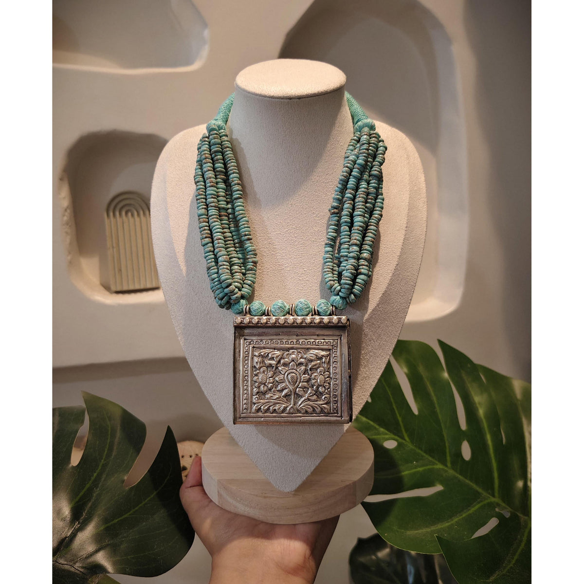 Chitai Pendant Necklace: Turquoise Beads Mala, Handcrafted Indian Jewelry