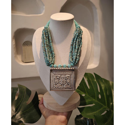 Chitai Pendant Necklace: Turquoise Beads Mala, Handcrafted Indian Jewelry