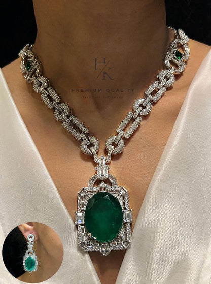 CZ American Diamond Pendant Necklace & Earrings Set: Bridal Party Jewelry