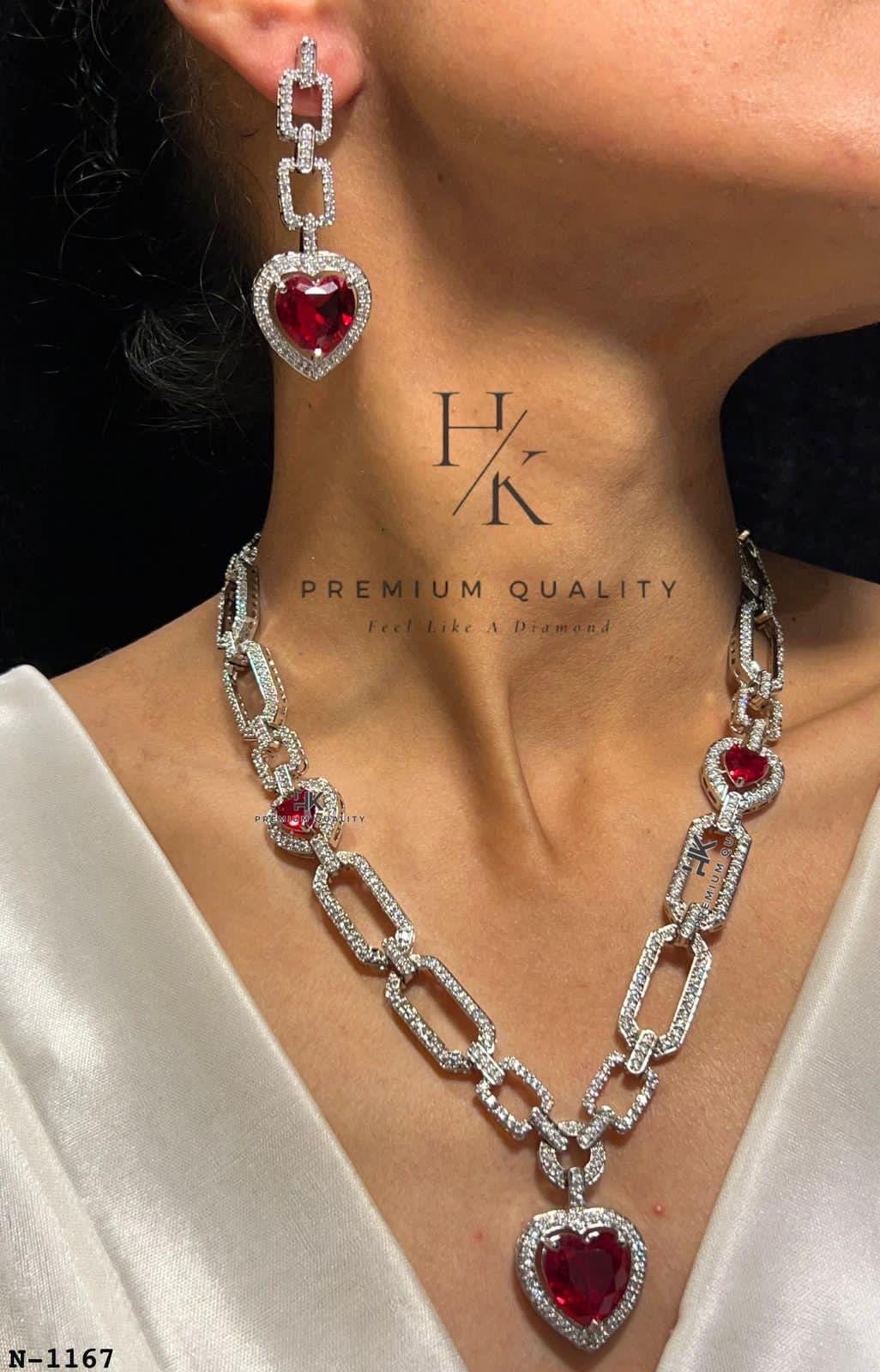 Heart Cut American Diamond Necklace & Earrings Set: Bridal Party Jewelry