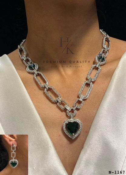 Heart Cut American Diamond Necklace & Earrings Set: Bridal Party Jewelry
