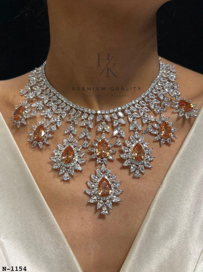 CZ Bridal Jewelry Set, American Diamond Necklace Earrings Ring Bracelet, Statement Wedding Jewelry