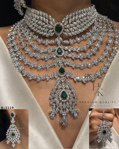 American Diamond Bridal Jewelry Set: Necklace, Earrings & Maangtikka
