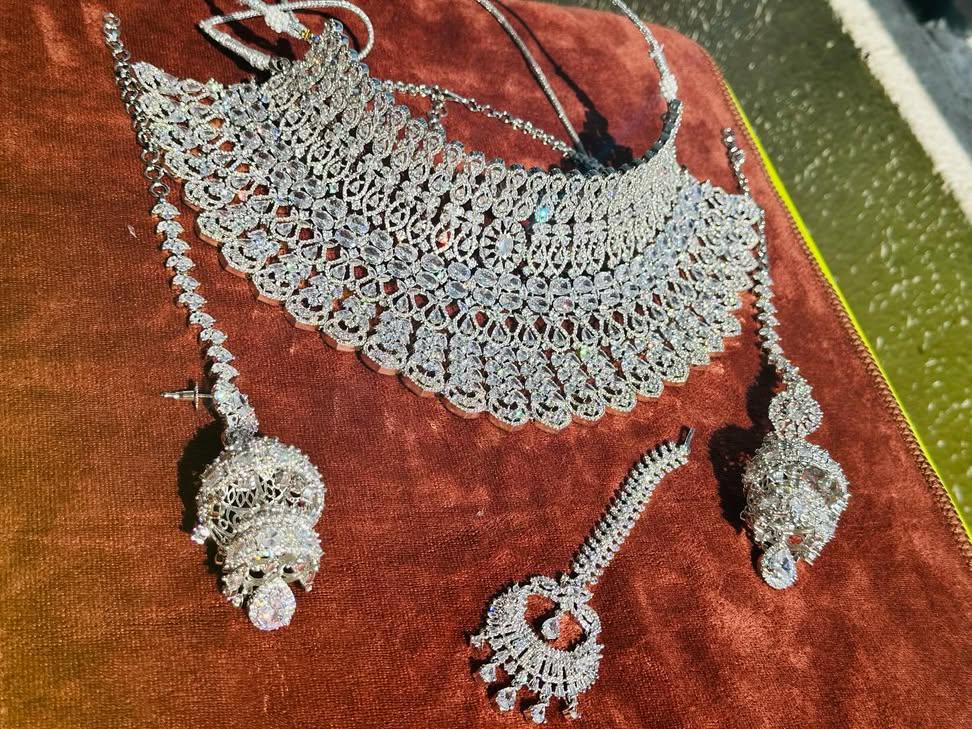 American Diamond Bridal Jewelry Set: Jhumka Earrings, Wedding Necklace