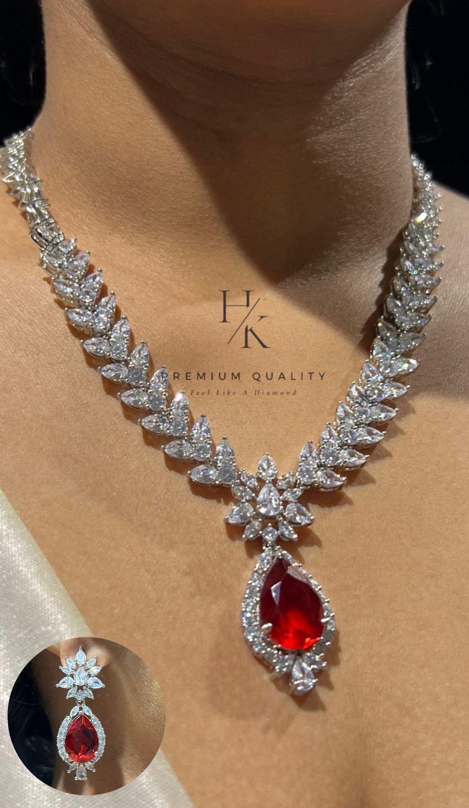 American Diamond Emerald Pendant Necklace Set | Bridal CZ Jewelry