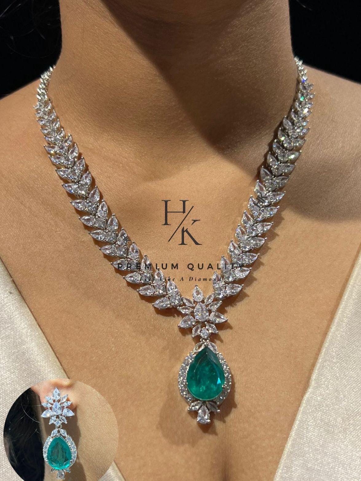American Diamond Emerald Pendant Necklace Set | Bridal CZ Jewelry