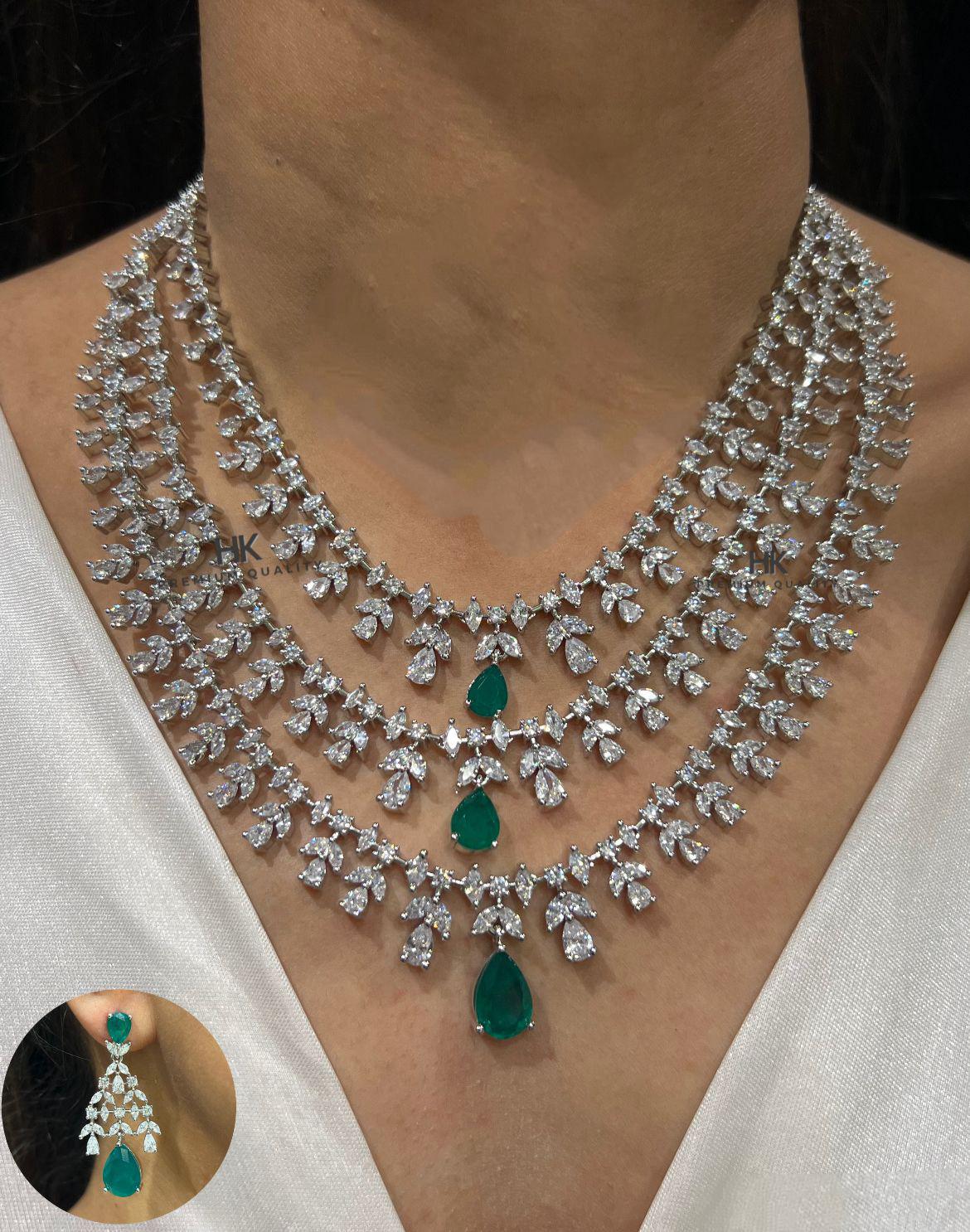American Diamond 3 layer  Necklace & Earrings Set: Elegant Indian Jewelry