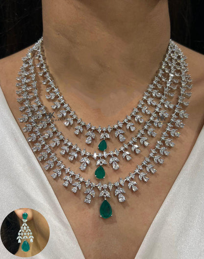 American Diamond 3 layer  Necklace & Earrings Set: Elegant Indian Jewelry