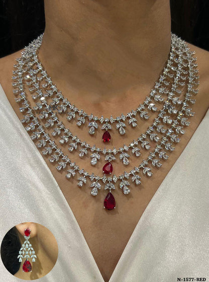 American Diamond 3 layer  Necklace & Earrings Set: Elegant Indian Jewelry