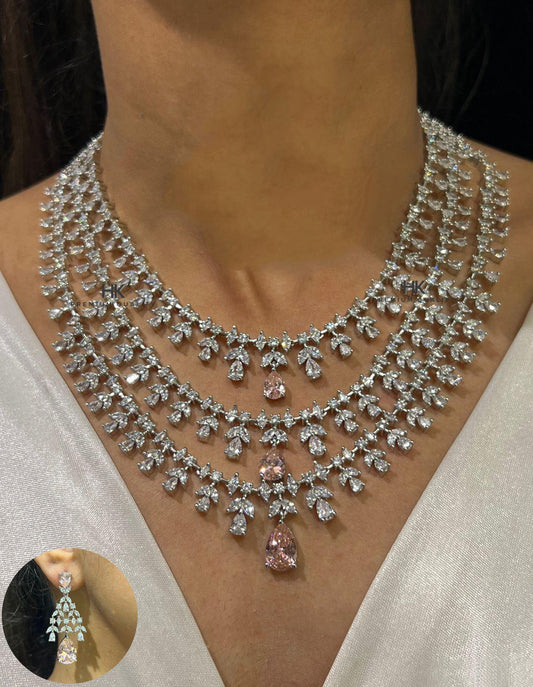 American Diamond 3 layer  Necklace & Earrings Set: Elegant Indian Jewelry